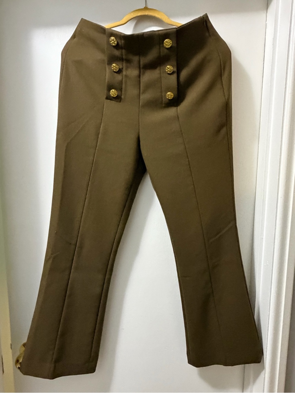 Massimo Dutti Olive Brown High-Waist Flared Pants with Gold Buttons Size 8